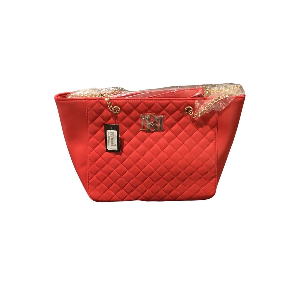 Badgley Mischka Red Quilted Tote Bag Gold Chain Straps Logo NWT
